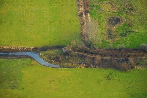 Aerial view of the national nature reserve Lippeauen at the river Lippe with the observation hut Disselmersch near Heintrop in Lippetal in North Rhine-Westphalia, Germany. Geese fly over the river Lippe, Lippetal, Ruhr area, North Rhine-Westphalia, Germany, DE, Europe, aerial photo, birds-eyes view, aerial photography, aerial photography, overview, bird's eye view