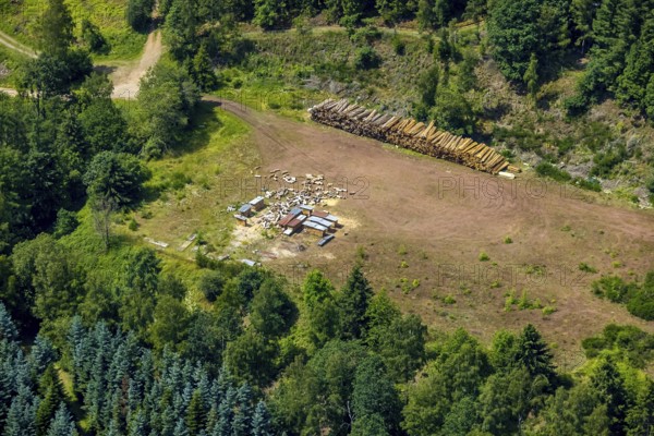 Aerial view, wood storage area in the forest sports ground GymSL, Altenhundem, Lennestadt, Sauerland, North Rhine-Westphalia, Germany, DEU, Europe, aerial view, aerial photography, aerial photography, overview, bird's-eye view, overview