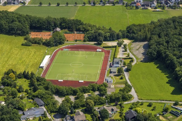 Aerial view, sports field at the Habuche, Grevenbrück, Lennestadt, Sauerland, North Rhine-Westphalia, Germany, DEU, Europe, football pitch, football stadium, hilly landscape, athletics stadium, aerial view, aerial photography, aerial photography, sports, sports facilities, sports field, sports facility, tennis, tennis facility, tennis courts, overview, bird's-eye view, bird's-eye view, overview