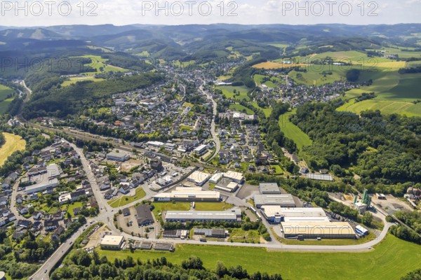 Aerial view, industrial area Industriestraße, Sporke, Lennestadt, Sauerland, North Rhine-Westphalia, Germany, DEU, Europe, commercial enterprises, commercial area, commercial park, commercial location, commercial use, industrial area, industrial building, industrial location, aerial photograph, aerial photography, aerial photography, overview, bird's-eye view, overview