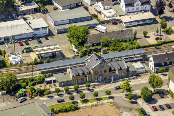 Aerial view, Lennestadt-Grevenbrück railway station, EssBahnhof and KulturBahnhof, Lennestadt, Sauerland, North Rhine-Westphalia, Germany, railway station, station forecourt, DEU, Deutsche Bahn AG, Europe, gastronomy, central station, main station, culture, art, aerial view, aerial photography, aerial photography, aerial photography, restaurant, overview, event location, bird's-eye view, birds-eyes view, cultural use, overview
