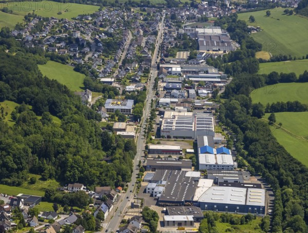 Aerial view, industrial estate Bielefelder Straße an der Lenne, Caritas retirement home and nursing home St. Franziskus-Haus, Grevenbrück, Lennestadt, Sauerland, North Rhine-Westphalia, Germany, retirement home, nursing home, care and nursing, federal road B55, DEU, Europe, commercial enterprises, commercial area, commercial park, commercial location, commercial use, industrial area, industrial building, industrial location, aerial view, aerial photography, aerial photography, care facility, retirement home, retirement residence, retirement home, senior centre, overview, bird's eye view, birds-eyes view, overview