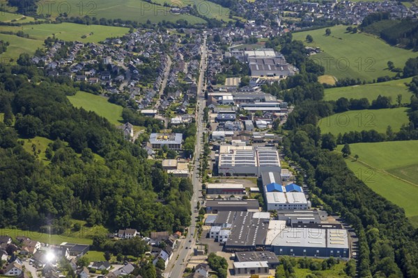 Aerial view, industrial estate Bielefelder Straße an der Lenne, Caritas retirement home and nursing home St. Franziskus-Haus, Grevenbrück, Lennestadt, Sauerland, North Rhine-Westphalia, Germany, retirement home, nursing home, care and nursing, federal road B55, DEU, Europe, commercial enterprises, commercial area, commercial park, commercial location, commercial use, industrial area, industrial building, industrial location, aerial view, aerial photography, aerial photography, care facility, retirement home, retirement residence, retirement home, senior centre, overview, bird's eye view, birds-eyes view, overview