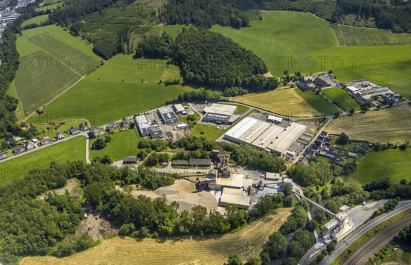 Aerial view, industrial estate Thetener Straße, kiln plant Rheinkalk Lhoist Grevenbrück quarry, Grevenbrück, Lennestadt, Sauerland, North Rhine-Westphalia, Germany, DEU, Europe, aerial view, aerial photography, aerial photography, quarry, overview, bird's-eye view, birds-eyes view, overview