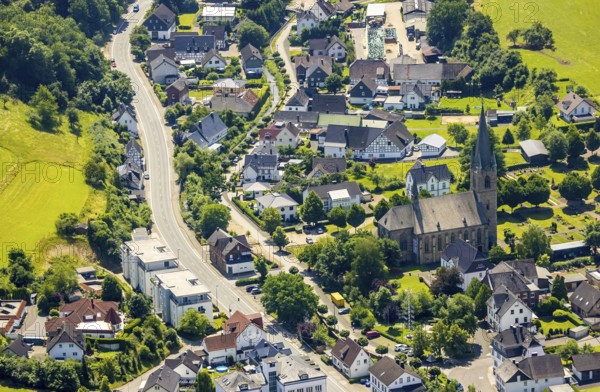 Aerial view, St. Nicholas Church, Grevenbrück, Lennestadt, Sauerland, North Rhine-Westphalia, Germany, place of worship, DEU, Europe, religious community, place of worship, holy place, hilly landscape, church, parish, denomination, aerial view, aerial photography, aerial photography, religion, religious site, overview, bird's-eye view, bird's-eye view, overview