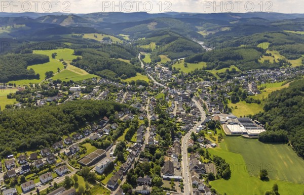 Aerial view, view of Grevenbrück and St. Nicholas Church, Lennestadt, Sauerland, North Rhine-Westphalia, Germany, DEU, Europe, hilly landscape, aerial view, aerial photography, aerial photography, overview, bird's-eye view, overview