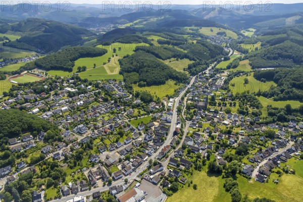 Aerial view, local view Grevenbrück and St. Nikolaus Church, sports field at the Habuche, Lennestadt, Sauerland, North Rhine-Westphalia, Germany, place of worship, DEU, Europe, religious community, place of worship, holy place, church, parish, denomination, aerial view, aerial photography, aerial photography, religion, religious site, overview, bird's-eye view, bird's-eye view, overview