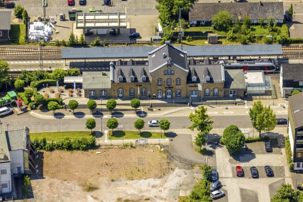 Aerial view, Lennestadt-Grevenbrück railway station, EssBahnhof and KulturBahnhof, Lennestadt, Sauerland, North Rhine-Westphalia, Germany, railway station, station forecourt, DEU, Deutsche Bahn AG, Europe, gastronomy, central station, main station, culture, art, aerial view, aerial photography, aerial photography, aerial photography, restaurant, overview, event location, bird's-eye view, birds-eyes view, cultural use, overview