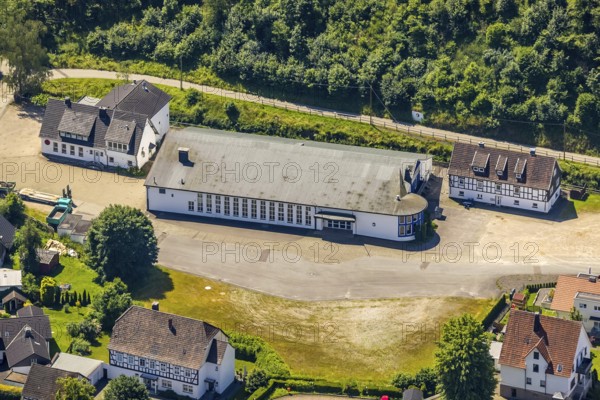 Aerial view, shooting hall St. Jakobus, Elspe, Lennestadt, Sauerland, North Rhine-Westphalia, Germany, DEU, Europe, hall, aerial view, aerial photography, aerial photography, shooting club, overview, events, bird's eye view, birds-eyes view, overview