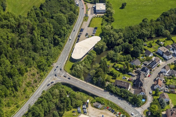 Aerial view, Mercedes-Benz car dealer, Grevenbrück, Lennestadt, Sauerland, North Rhine-Westphalia, Germany, DEU, Europe, commercial enterprises, commercial area, commercial location, commercial use, aerial photograph, aerial photography, aerial photography, overview, bird's-eye view, overview