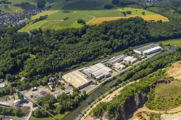 Aerial view, industrial area Industriestraße, Sporke, Lennestadt, Sauerland, North Rhine-Westphalia, Germany, DEU, Europe, commercial enterprises, commercial area, commercial park, commercial location, commercial use, industrial area, industrial building, industrial location, aerial photograph, aerial photography, aerial photography, overview, bird's-eye view, overview