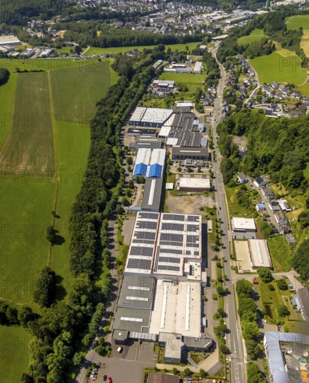 Aerial view, industrial area Bielefelder Straße, Trockenbrück, Lennestadt, Sauerland, North Rhine-Westphalia, Germany, federal road B55, DEU, Europe, commercial enterprises, commercial area, commercial park, commercial location, commercial use, industrial area, industrial building, industrial location, aerial photograph, aerial photography, aerial photography, overview, bird's-eye view, birds-eyes view, overview