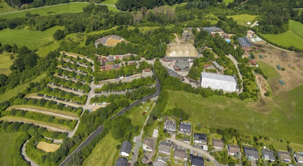 Aerial view, Elspe festival site, Elspe, Lennestadt, Sauerland, North Rhine-Westphalia, Germany, DEU, Europe, Karl May Festival, culture, art, aerial photography, aerial photography, aerial photography, natural stage, car parks, overview, venue, event location, bird's-eye view, cultural use, overview