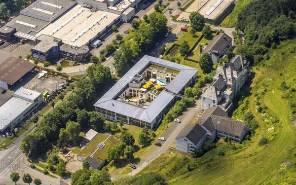 Aerial view, Caritas retirement home and nursing home St. Franziskus-Haus, Elspe, Lennestadt, Sauerland, North Rhine-Westphalia, Germany, demolition, retirement home, retirement home, care and nursing, Bielefelder Straße, DE, DEU, Europe, aerial view, aerial photography, aerial photography, care facility, retirement home, retirement residence, retirement home, senior centre, overview, bird's eye view, birds-eyes view, overview, dilapidated, destroyed building