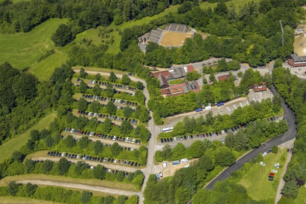 Aerial view, Elspe festival site, Elspe, Lennestadt, Sauerland, North Rhine-Westphalia, Germany, DEU, Europe, Karl May Festival, culture, art, aerial photography, aerial photography, aerial photography, car parks, overview, event location, event venue, bird's eye view, birds-eyes view, cultural use, overview