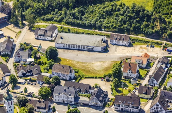 Aerial view, shooting hall St. Jakobus, Elspe, Lennestadt, Sauerland, North Rhine-Westphalia, Germany, DEU, Europe, hall, aerial view, aerial photography, aerial photography, shooting club, overview, events, bird's eye view, birds-eyes view, overview