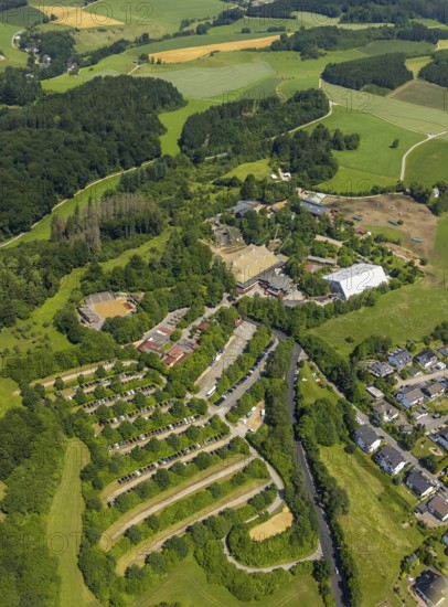 Aerial view, Elspe festival site, Elspe, Lennestadt, Sauerland, North Rhine-Westphalia, Germany, DEU, Europe, Karl May Festival, culture, art, aerial photography, aerial photography, aerial photography, natural stage, car parks, overview, venue, event location, bird's-eye view, cultural use, overview