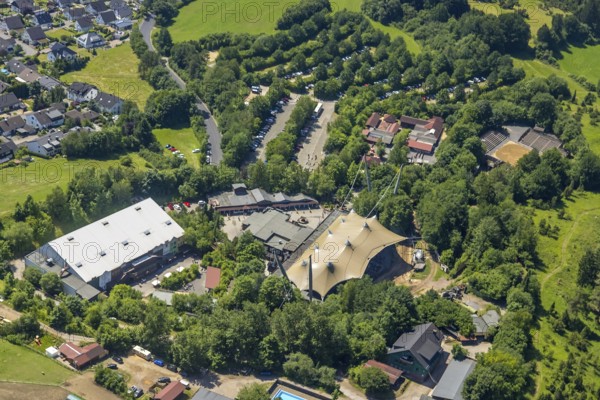 Aerial view, Elspe-Festival-Gelände, Elspe, Lennestadt, Sauerland, North Rhine-Westphalia, Germany, DEU, Europe, Karl-May-Festival, culture, art, aerial photography, aerial photography, natural stage, overview, venue, event location, bird's-eye view, cultural use, overview
