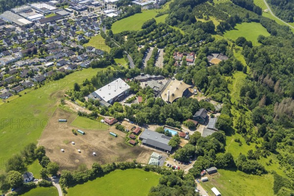 Aerial view, Elspe-Festival-Gelände, Elspe, Lennestadt, Sauerland, North Rhine-Westphalia, Germany, DEU, Europe, Karl-May-Festival, culture, art, aerial photography, aerial photography, natural stage, overview, venue, event location, bird's-eye view, cultural use, overview