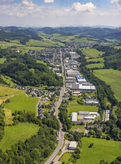 Aerial view, industrial estate Bielefelder Straße an der Lenne, Grevenbrück, Lennestadt, Sauerland, North Rhine-Westphalia, Germany, federal road B55, DEU, Europe, commercial enterprises, commercial area, industrial estate, business park, commercial location, commercial use, industrial area, industrial building, industrial location, aerial view, aerial photography, aerial photography, overview, bird's-eye view, birds-eyes view, overview