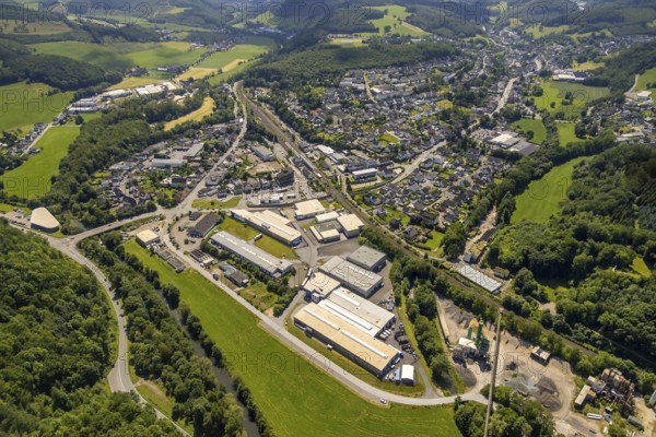 Aerial view, industrial area Industriestraße, Sporke, Lennestadt, Sauerland, North Rhine-Westphalia, Germany, DEU, Europe, commercial enterprises, commercial area, commercial park, commercial location, commercial use, industrial area, industrial building, industrial location, aerial photograph, aerial photography, aerial photography, overview, bird's-eye view, overview