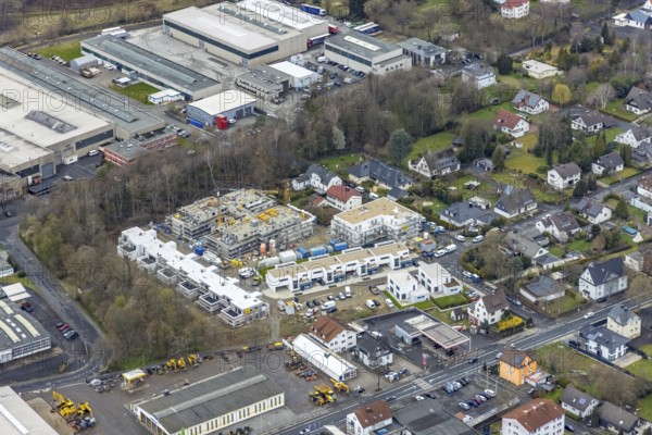 Aerial view, construction site and new building residential area Lebenswert-Deichwald am Johannes-Rau-Weg, Buschhütten, Kreuztal, Sauerland, North Rhine-Westphalia, Germany, construction work, construction area, building site, building plots, construction project, construction site, DE, Europe, property tax, real estate, Siegen-Wittgenstein district, aerial view, aerial photography, aerial photography, new building, overview, bird's-eye view, housing estate, housing and living, residential area, residential buildings, residential quality, residential neighbourhood, housing estate, birds-eyes view, overview
