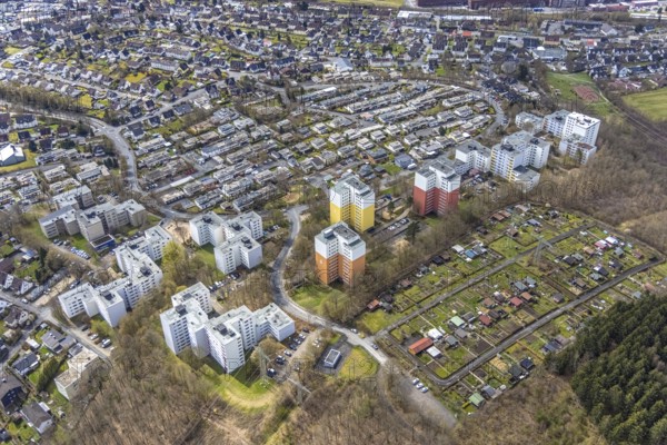 Aerial view, residential area with high-rise buildings on Eggersten Ring, Kreuztal, Sauerland, North Rhine-Westphalia, Germany, DE, Europe, property tax, high-rise housing estate, high-rise buildings, real estate, Siegen-Wittgenstein district, aerial view, aerial photography, aerial photography, apartment buildings, overview, bird's-eye view, residential area, residential buildings, residential quality, residential neighbourhood, housing estate, birds-eyes view, overview