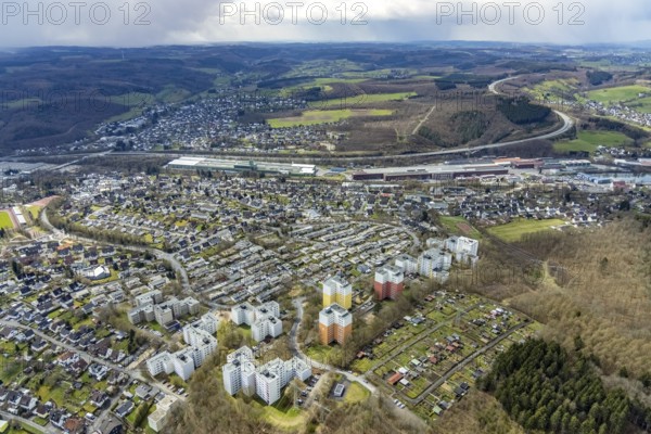 Aerial view, residential area with high-rise buildings on Eggersten Ring, Kreuztal, Sauerland, North Rhine-Westphalia, Germany, DE, Europe, property tax, high-rise housing estate, high-rise buildings, real estate, Siegen-Wittgenstein district, aerial view, aerial photography, aerial photography, apartment buildings, overview, bird's-eye view, residential area, residential buildings, residential quality, residential neighbourhood, housing estate, birds-eyes view, overview