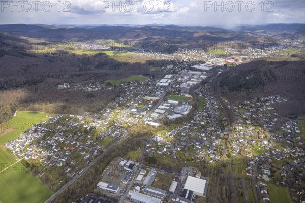 Aerial view, industrial park Ferndorftal, Kredenbach, Kreuztal, Sauerland, North Rhine-Westphalia, Germany, DE, Europe, commercial enterprises, commercial area, commercial park, commercial location, commercial use, industrial area, industrial location, district Siegen-Wittgenstein, aerial photograph, aerial photography, aerial photography, overview, bird's-eye view, bird's-eye view, overview