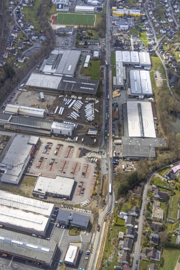 Aerial view, industrial area industrial park Ferndorftal, car park REWE am besten PETZ, Kredenbach, Kreuztal, Sauerland, North Rhine-Westphalia, Germany, DE, Europe, commercial enterprises, commercial area, commercial park, commercial location, commercial use, industrial area, industrial location, Siegen-Wittgenstein district, aerial view, aerial photography, aerial photography, car parks, overview, bird's-eye view, overview