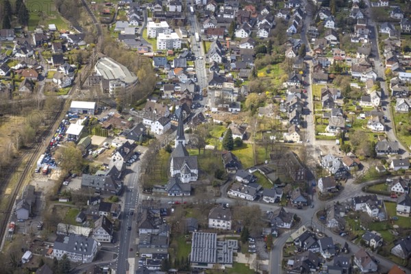 Aerial view, Evang. Laurentius Church and Local History Museum in the district of Ferndorf, Kreuztal, Sauerland, North Rhine-Westphalia, Germany, place of worship, DE, Europe, religious community, place of worship, sacred site, church, parish, denomination, Siegen-Wittgenstein district, aerial view, aerial photography, aerial photography, museum, religion, religious site, overview, bird's-eye view, overview