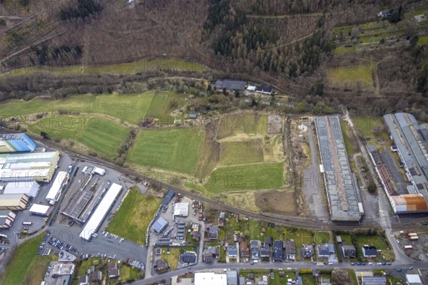 Aerial view, fallow land at Mühlenweg in Ferndorf, Kreuztal, Sauerland, North Rhine-Westphalia, Germany, DE, Europe, Siegen-Wittgenstein district, aerial view, aerial photography, aerial photography, overview, bird's-eye view, meadows and fields, birds-eyes view, overview