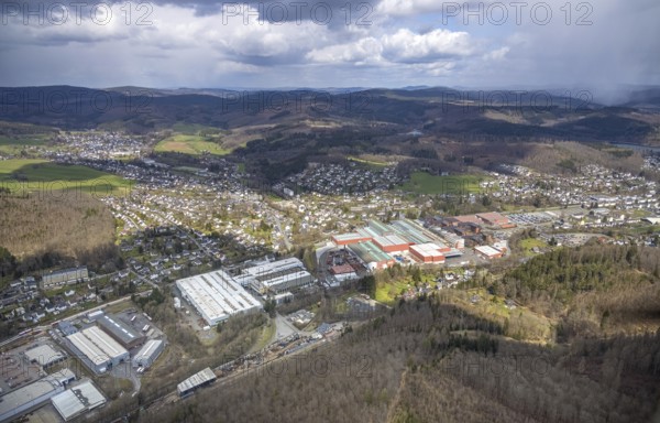 Aerial view, industrial park Ferndorftal, Kredenbach, Kreuztal, Sauerland, North Rhine-Westphalia, Germany, DE, Europe, commercial enterprises, commercial area, commercial park, commercial location, commercial use, industrial area, industrial location, district Siegen-Wittgenstein, aerial photograph, aerial photography, aerial photography, overview, bird's-eye view, bird's-eye view, overview