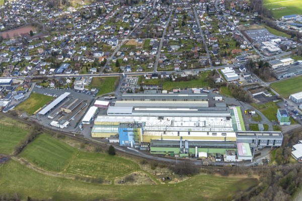 Aerial view, Thyssenkrupp Aherweiden with district Ferndorf, Kreuztal, Sauerland, North Rhine-Westphalia, Germany, DE, Europe, commercial enterprises, commercial area, commercial area, commercial location, commercial use, industrial area, industrial location, district Siegen-Wittgenstein, aerial view, aerial photography, aerial photography, townscape, city area, overview, bird's-eye view, living and life, birds-eyes view, overview