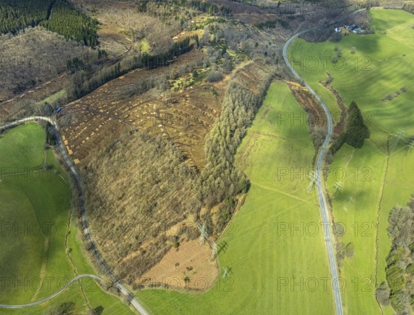 Aerial view, forest damage at Kihlenberg, Kruberg, Kirchhundem, Sauerland, Olpe district, North Rhine-Westphalia, Germany, DE, Europe, landscape conservation area, aerial view, aerial photography, aerial photography, overview, bird's eye view, juniper heath Kihlenberg, birds-eyes view, overview, bark beetle damage, spruce dieback