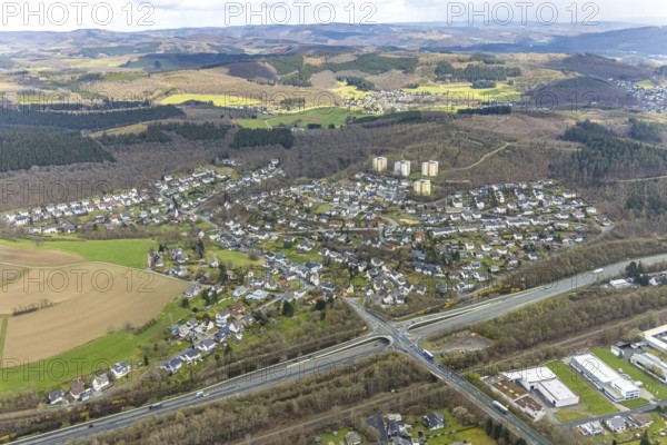 Aerial view, Hüttentalstraße and district Buschhütten, Kreuztal, Sauerland, North Rhine-Westphalia, Germany, federal road B54, DE, Europe, property tax, high-rise buildings, hilly landscape, real estate, district Siegen-Wittgenstein, aerial view, aerial photography, aerial photography, overview, bird's-eye view, wooded area, residential area, living and living, residential area, residential buildings, quality of life, birds-eyes view, overview