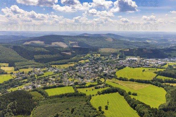 Aerial view, forest area with forest damage, local view Welschen-Ennest, Kirchhundem, Sauerland, North Rhine-Westphalia, Germany, tree dieback, bark beetle damage, bark beetle plague, DEU, Europe, spruce dieback, clear-cutting, aerial view, aerial photography, aerial photography, overview, bird's eye view, forest, forest damage, forest dieback, meadows and fields, birds-eyes view, overview