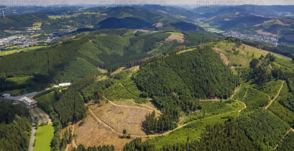 Aerial view, forest area with forest damage near Benolpe, Bilstein, Kirchhundem, Sauerland, North Rhine-Westphalia, Germany, tree dieback, bark beetle damage, bark beetle plague, DEU, Europe, distant view, hilly landscape, clear-cutting, aerial view, aerial photography, aerial photography, overview, bird's-eye view, forest, forest damage, forest dieback, birds-eyes view, overview