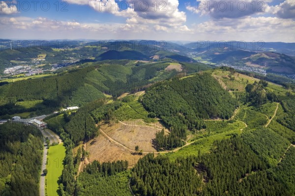 Aerial view, forest area with forest damage near Benolpe, Bilstein, Kirchhundem, Sauerland, North Rhine-Westphalia, Germany, tree dieback, bark beetle damage, bark beetle plague, DEU, Europe, distant view, hilly landscape, clear-cutting, aerial view, aerial photography, aerial photography, overview, bird's-eye view, forest, forest damage, forest dieback, birds-eyes view, overview