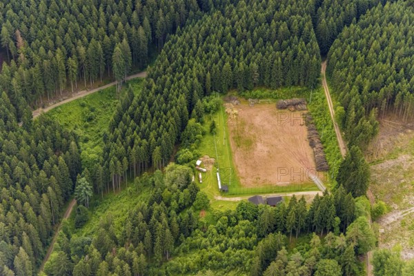 Aerial view, sports field in the forest as storage area, Hofolpe, Kirchhundem, Sauerland, North Rhine-Westphalia, Germany, DEU, Europe, aerial view, aerial photography, aerial photography, overview, bird's-eye view, overview