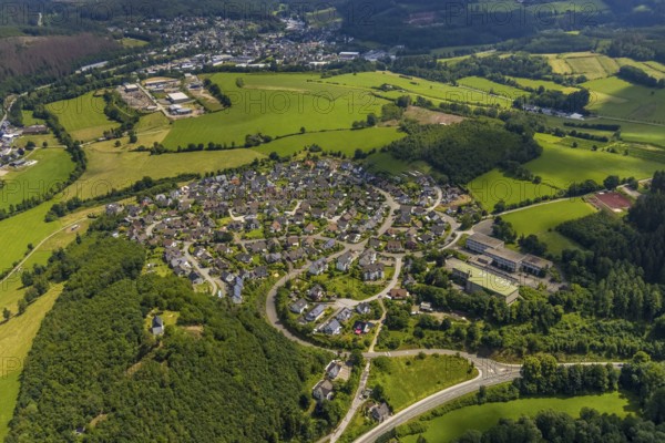 Aerial view, aerial view Kirchhundem, Kirchhundem secondary school, Kreuzberg chapel in the forest, Kirchhundem, Sauerland, North Rhine-Westphalia, Germany, education, educational institution, DEU, Europe, property tax, secondary school, real estate, chapel, educational institute, aerial photograph, aerial photography, aerial photography, school, overview, bird's-eye view, residential area, housing and living, residential area, residential buildings, housing quality, housing estate, birds-eyes view, overview