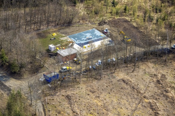 Aerial view, construction site in the forest at the Ferndorfer Klippen in Buschhütten, Kreuztal, Sauerland, North Rhine-Westphalia, Germany, construction work, construction area, construction site, building plots, construction project, construction site, DE, Europe, Siegen-Wittgenstein district, aerial photograph, aerial photography, aerial photography, overview, bird's-eye view, bird's-eye view, overview