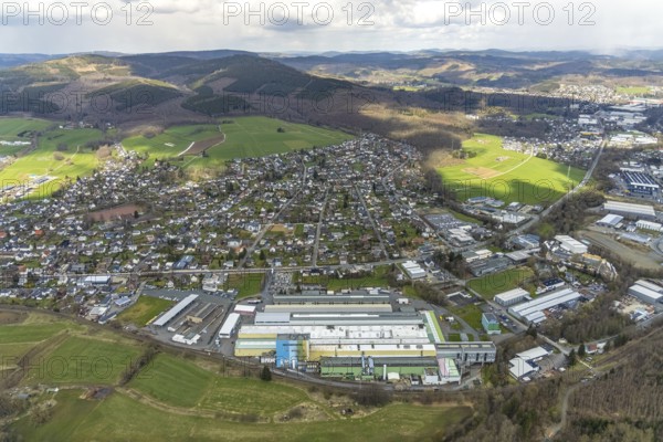Aerial view, Thyssenkrupp Aherweiden with district Ferndorf, Kreuztal, Sauerland, North Rhine-Westphalia, Germany, DE, Europe, commercial enterprises, commercial area, commercial area, commercial location, commercial use, industrial area, industrial location, district Siegen-Wittgenstein, aerial view, aerial photography, aerial photography, townscape, city area, overview, bird's-eye view, living and life, birds-eyes view, overview