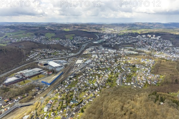 Aerial view, Hüttentalstraße, B54, commercial area Siegener Straße, Buschhütten, Kreuztal, Sauerland, North Rhine-Westphalia, Germany, federal road B54, DE, Europe, commercial enterprises, commercial area, commercial location, commercial use, hilly landscape, industrial area, industrial location, district Siegen-Wittgenstein, aerial view, aerial photography, aerial photography, overview, bird's-eye view, overview