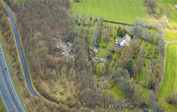 Aerial view, Buschhütten cemetery with chapel, Buschhütten, Kreuztal, Sauerland, North Rhine-Westphalia, Germany, burial site, DE, Europe, cemetery, memorial, place of worship, graves, burial ground, Siegen-Wittgenstein district, aerial photograph, aerial photography, aerial photography, resting place, overview, bird's-eye view, bird's-eye view, overview