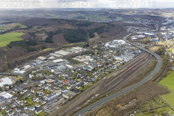 Aerial view, Hüttentalstraße, B54, commercial area Siegener Straße, Buschhütten, Kreuztal, Sauerland, North Rhine-Westphalia, Germany, federal road B54, DE, Europe, commercial enterprises, commercial area, commercial location, commercial use, hilly landscape, industrial area, industrial location, district Siegen-Wittgenstein, aerial view, aerial photography, aerial photography, overview, bird's-eye view, overview