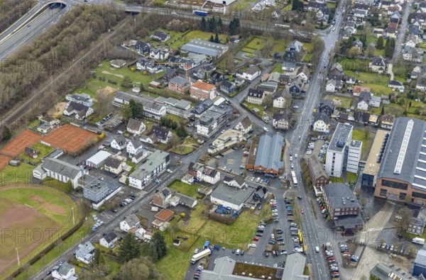 Aerial view, Aldi Markt Siegener Straße, construction site Bottenbacher Straße, Buschhütten, Kreuztal, Sauerland, North Rhine-Westphalia, Germany, DE, Europe, district Siegen-Wittgenstein, aerial view, aerial photography, aerial photography, overview, bird's-eye view, overview