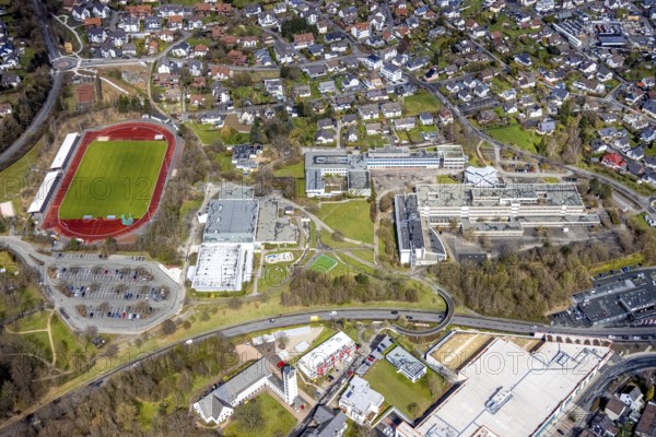 Aerial view, school centre with stadium Stählerwiese, kindergarten Hessengarten, Ernst-Moritz-Arndt-Realschule, Clara-Schumann-Gesamtschule, sports hall Kreuztal, Kreuztal, Sauerland, North Rhine-Westphalia, Germany, education, educational institution, DE, Europe, football pitch, football stadium, grammar school, kindergarten, day-care centre, day-care centre, day-care centre, district of Siegen-Wittgenstein, teaching institute, athletics stadium, aerial view, aerial photography, aerial photography, secondary school, school, sport, sports facilities, sports field, sports facility, overview, bird's-eye view, overview