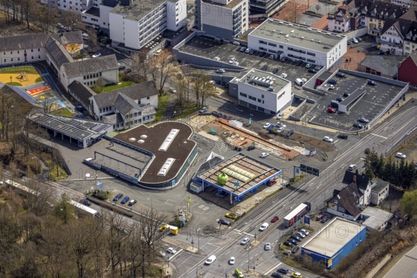 Aerial view, BEST CARWASH Hoffmann GmbH and shopping centre at the market place Kreuztal, Kreuztal, Sauerland, North Rhine-Westphalia, Germany, City, DE, shopping centre, Europe, city centre, district Siegen-Wittgenstein, aerial view, aerial photography, aerial photography, market place, local supply centre, shopping centre, city administration, city centre, overview, bird's-eye view, overview