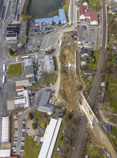 Aerial view, construction site and replacement construction of the DB bridge and new road construction B517, Eichen district, Kreuztal, Sauerland, North Rhine-Westphalia, Germany, construction work, construction site, building site, building plots, construction project, construction site, bridge, DE, Europe, Hagener Straße, Siegen-Wittgenstein district, aerial photograph, aerial photography, aerial photography, new construction, overview, bird's-eye view, overview, thyssenkrupp Stahlkontor Zweigniederlassung der thyssenkrupp Schulte GmbH